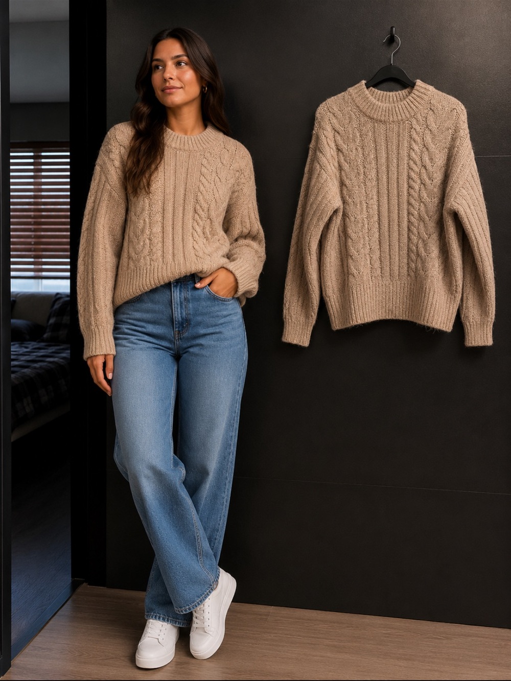 a new day heather brown Cable Knit Crew Sweater